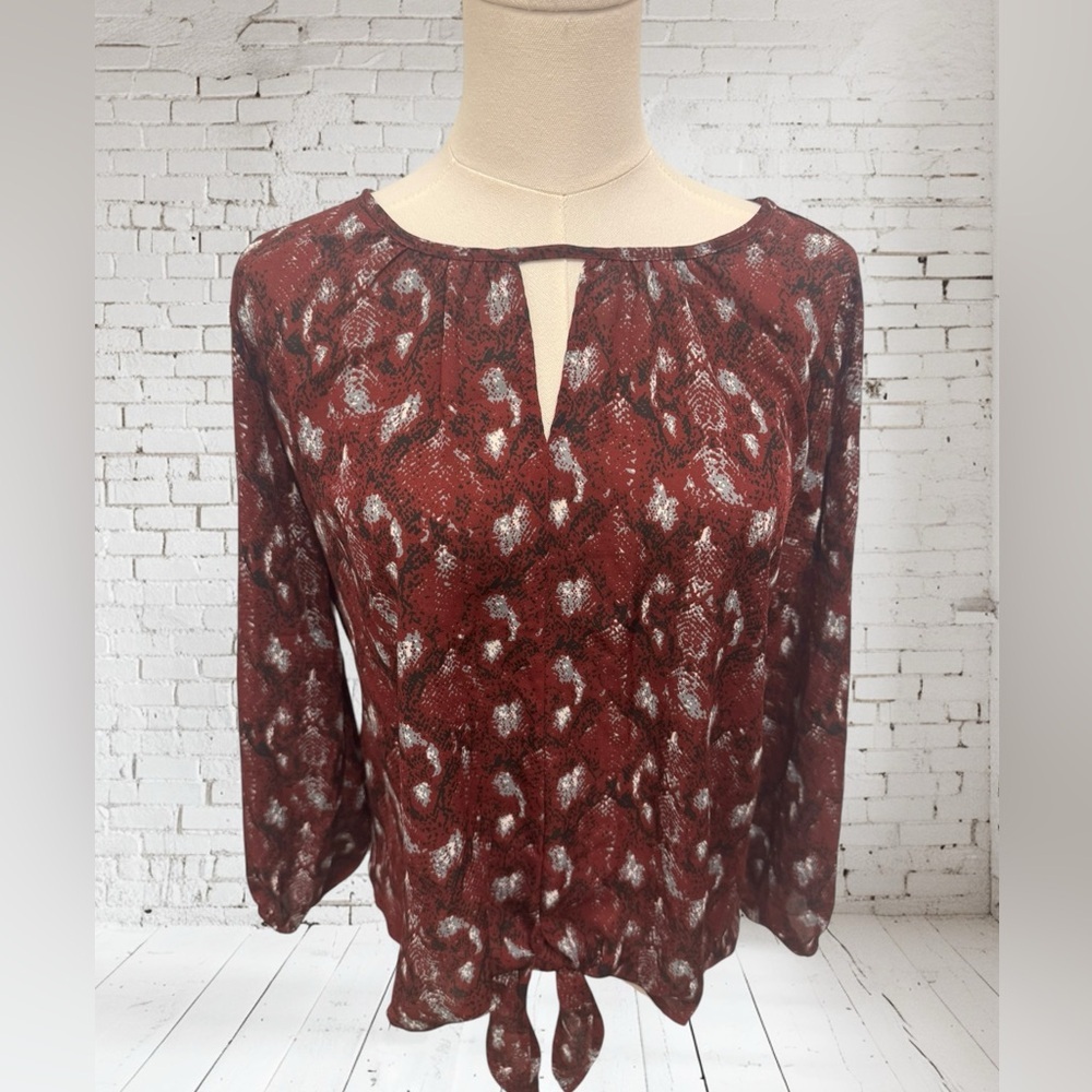 West Kei Snake Print Blouse NWOT | Small Burgundy Tie‑Front Sleek Statement Top - Picture 2 of 6